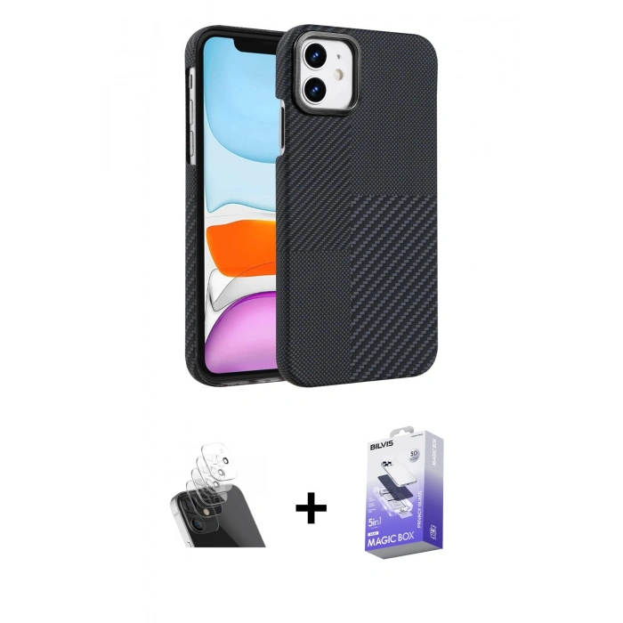 MARSİLYAN™- iPhone 11 Kılıf Doruk Serisi - Siyah Bilvis 5in1 5D Magic Hayalet Cam Ekran Koruyucu + Kamera Lens Koruma Cam - SF