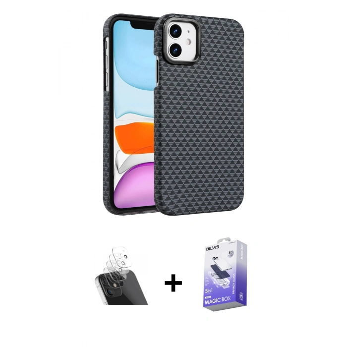 MARSİLYAN™- iPhone 11 Kılıf Doruk Serisi - Siyah Bilvis 5in1 5D Magic Hayalet Cam Ekran Koruyucu + Kamera Lens Koruma Cam - SF