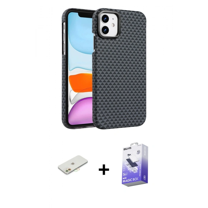 MARSİLYAN™- iPhone 11 Kılıf Doruk Serisi - Siyah Bilvis 5in1 5D Magic Hayalet Cam Ekran Koruyucu + Renkli Kamera Lens Koruma Cam - TU