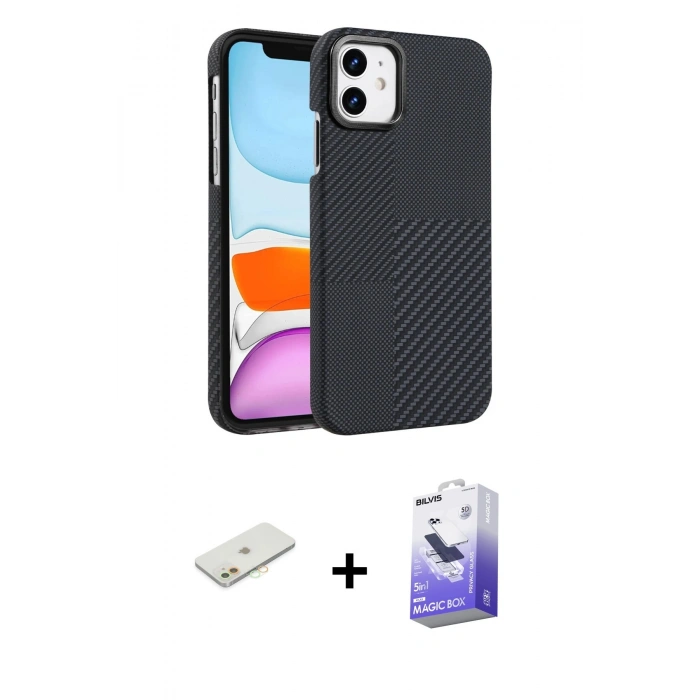MARSİLYAN™- iPhone 11 Kılıf Doruk Serisi - Siyah Bilvis 5in1 5D Magic Hayalet Cam Ekran Koruyucu + Renkli Kamera Lens Koruma Cam - TU