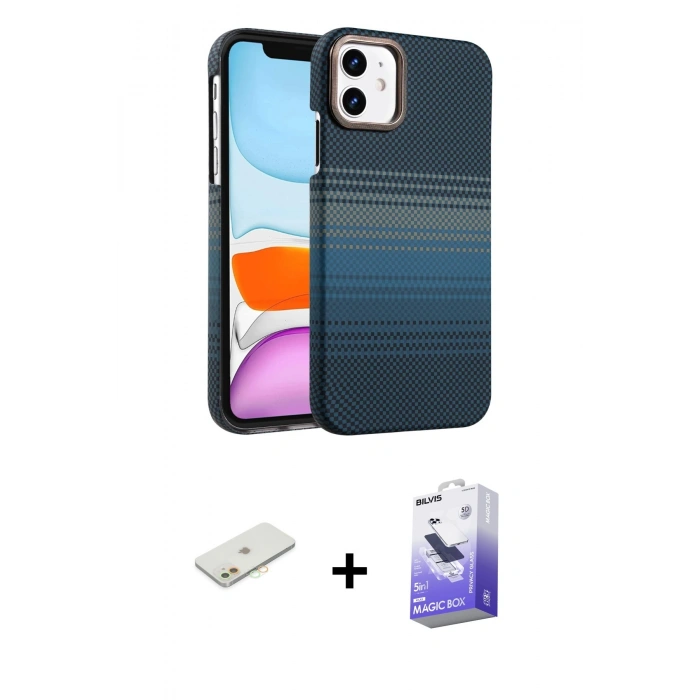 MARSİLYAN™- iPhone 11 Kılıf Doruk Serisi - Siyah Bilvis 5in1 5D Magic Hayalet Cam Ekran Koruyucu + Renkli Kamera Lens Koruma Cam - TU