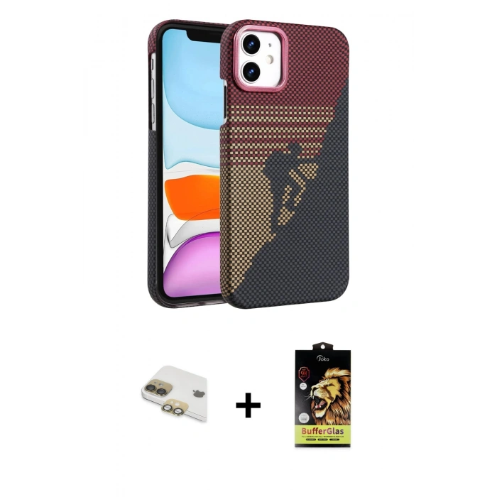 MARSİLYAN™- iPhone 11 Kılıf Doruk Serisi - Siyah Buffer Cam Ekran Koruyucu + Pers Alüminyum Kamera Lens - GD