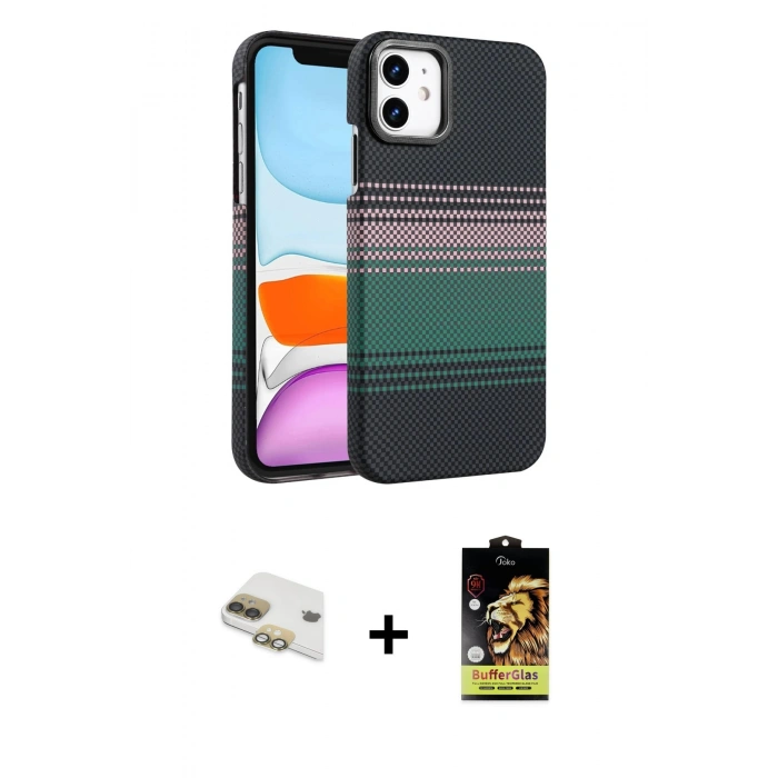 MARSİLYAN™- iPhone 11 Kılıf Doruk Serisi - Siyah Buffer Cam Ekran Koruyucu + Pers Alüminyum Kamera Lens - GD