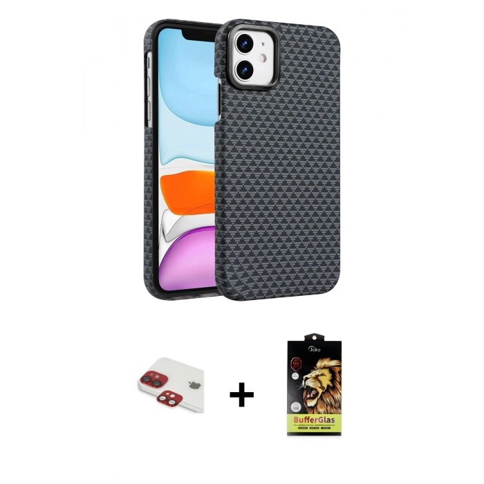 MARSİLYAN™- iPhone 11 Kılıf Doruk Serisi - Siyah Buffer Cam Ekran Koruyucu + Pers Alüminyum Kamera Lens - KI