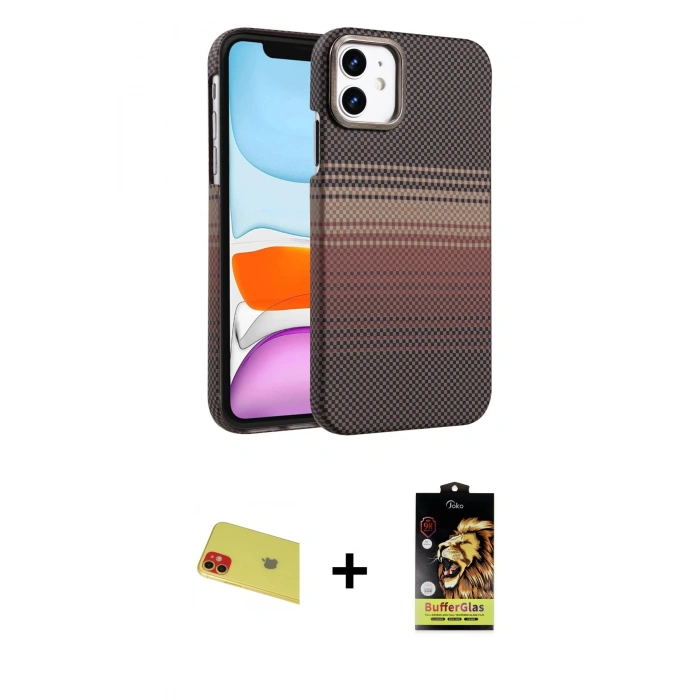 MARSİLYAN™- iPhone 11 Kılıf Doruk Serisi - Siyah Buffer Cam Ekran Koruyucu + Rainbow Kamera Lens Koruma Cam - KI