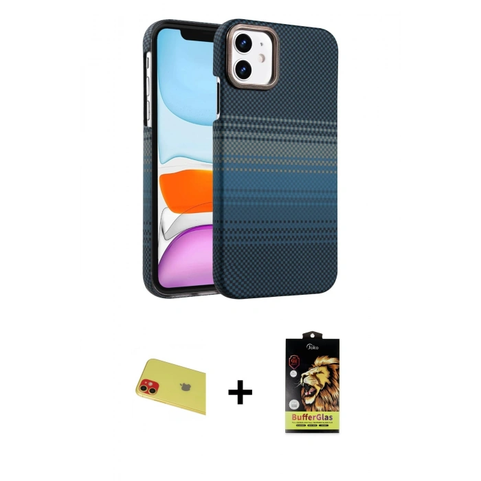 MARSİLYAN™- iPhone 11 Kılıf Doruk Serisi - Siyah Buffer Cam Ekran Koruyucu + Rainbow Kamera Lens Koruma Cam - KI