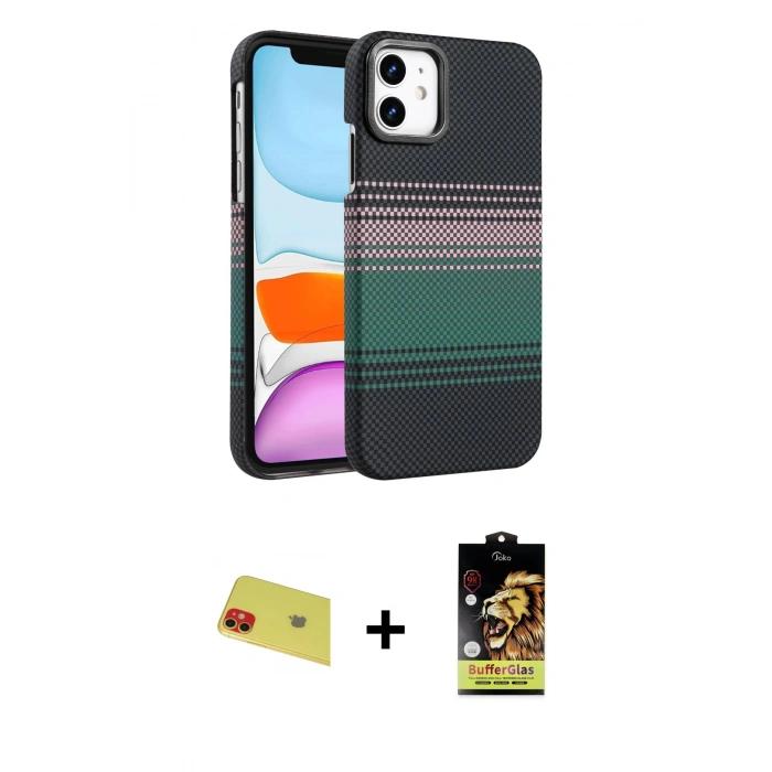 MARSİLYAN™- iPhone 11 Kılıf Doruk Serisi - Siyah Buffer Cam Ekran Koruyucu + Rainbow Kamera Lens Koruma Cam - KI