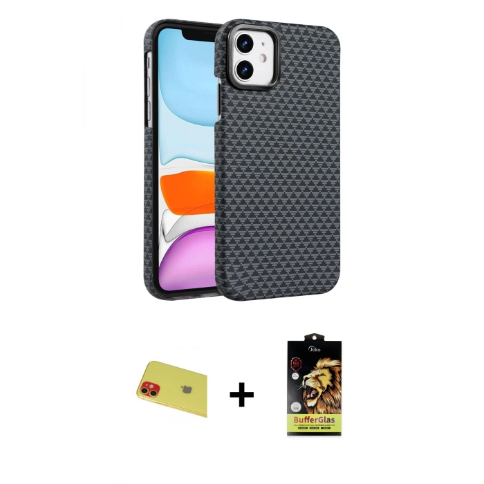 MARSİLYAN™- iPhone 11 Kılıf Doruk Serisi - Siyah Buffer Cam Ekran Koruyucu + Rainbow Kamera Lens Koruma Cam - KI