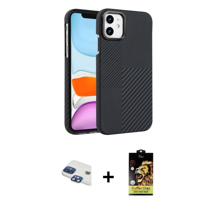 MARSİLYAN™- iPhone 11 Kılıf Doruk Serisi - Siyah Buffer Cam Ekran Koruyucu + Lacivert Pers Alüminyum Kamera Lens