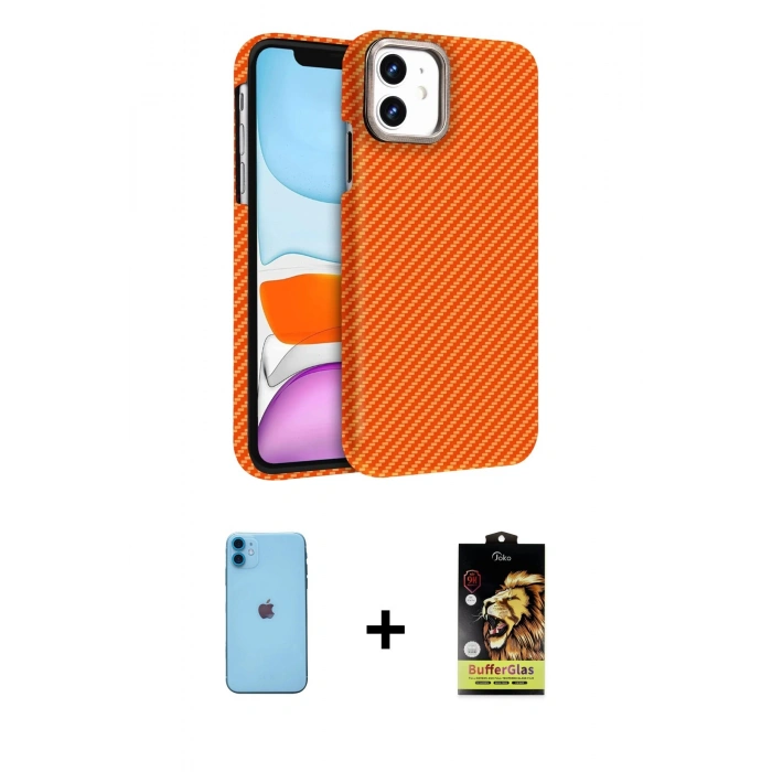 MARSİLYAN™- iPhone 11 Kılıf Doruk Serisi - Siyah Buffer Cam Ekran Koruyucu + Mavi Neon Fosforlu Kamera Lens