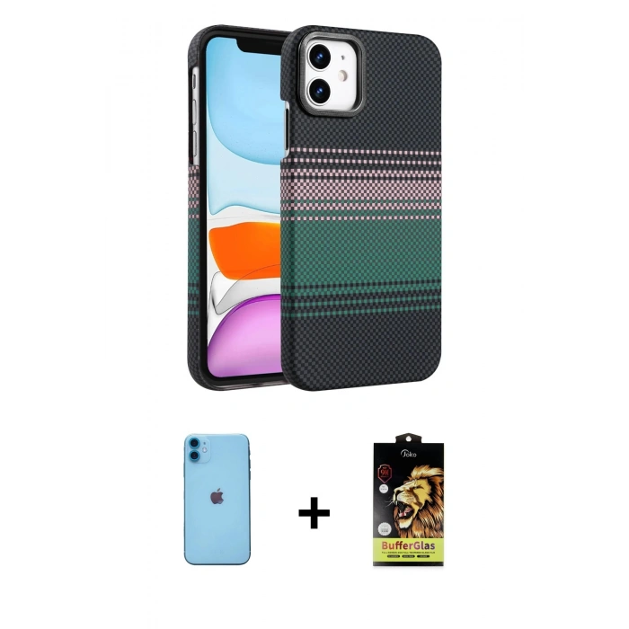 MARSİLYAN™- iPhone 11 Kılıf Doruk Serisi - Siyah Buffer Cam Ekran Koruyucu + Mavi Neon Fosforlu Kamera Lens