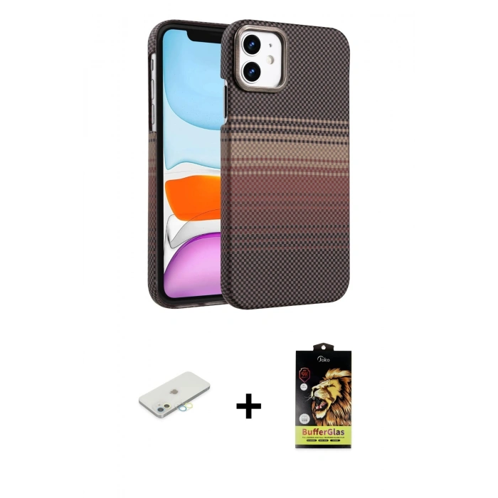 MARSİLYAN™- iPhone 11 Kılıf Doruk Serisi - Siyah Buffer Cam Ekran Koruyucu + Renkli Kamera Lens Koruma Cam - SI