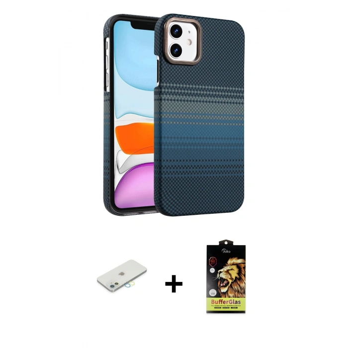 MARSİLYAN™- iPhone 11 Kılıf Doruk Serisi - Siyah Buffer Cam Ekran Koruyucu + Renkli Kamera Lens Koruma Cam - SI