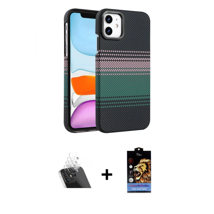 MARSİLYAN™- iPhone 11 Kılıf Doruk Serisi - Siyah Buffer Hayalet Cam Ekran Koruyucu + Kamera Lens Koruma Cam - SF