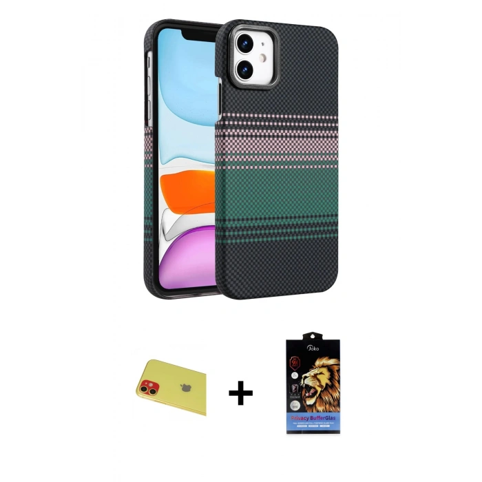 MARSİLYAN™- iPhone 11 Kılıf Doruk Serisi - Siyah Buffer Hayalet Cam Ekran Koruyucu + Kırmızı Rainbow Kamera Lens Koruma Cam