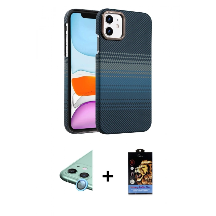 MARSİLYAN™- iPhone 11 Kılıf Doruk Serisi - Siyah Buffer Hayalet Cam Ekran Koruyucu + Raze Metal Kamera Lens - MI