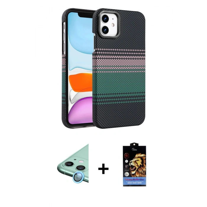 MARSİLYAN™- iPhone 11 Kılıf Doruk Serisi - Siyah Buffer Hayalet Cam Ekran Koruyucu + Raze Metal Kamera Lens - MI
