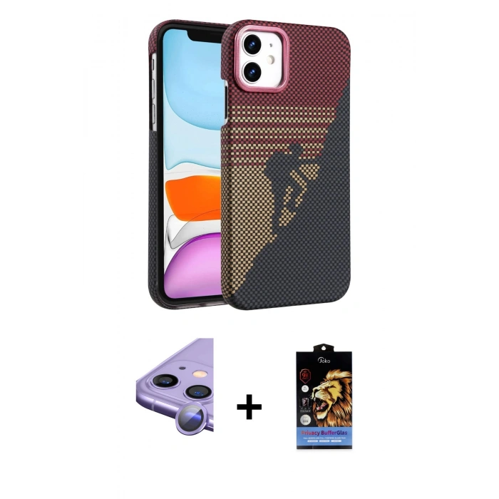 MARSİLYAN™- iPhone 11 Kılıf Doruk Serisi - Siyah Buffer Hayalet Cam Ekran Koruyucu + Raze Metal Kamera Lens - MR