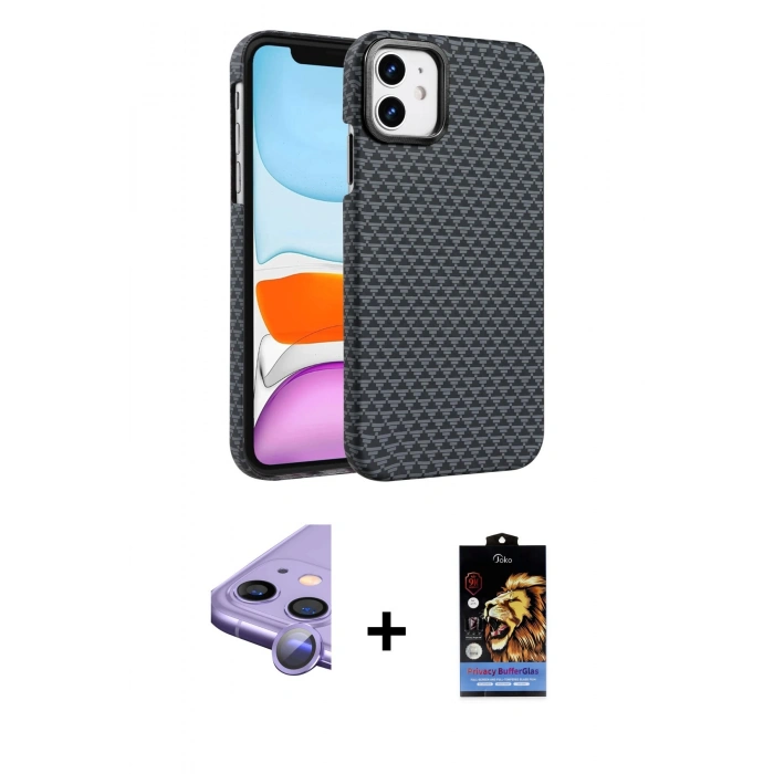 MARSİLYAN™- iPhone 11 Kılıf Doruk Serisi - Siyah Buffer Hayalet Cam Ekran Koruyucu + Raze Metal Kamera Lens - MR