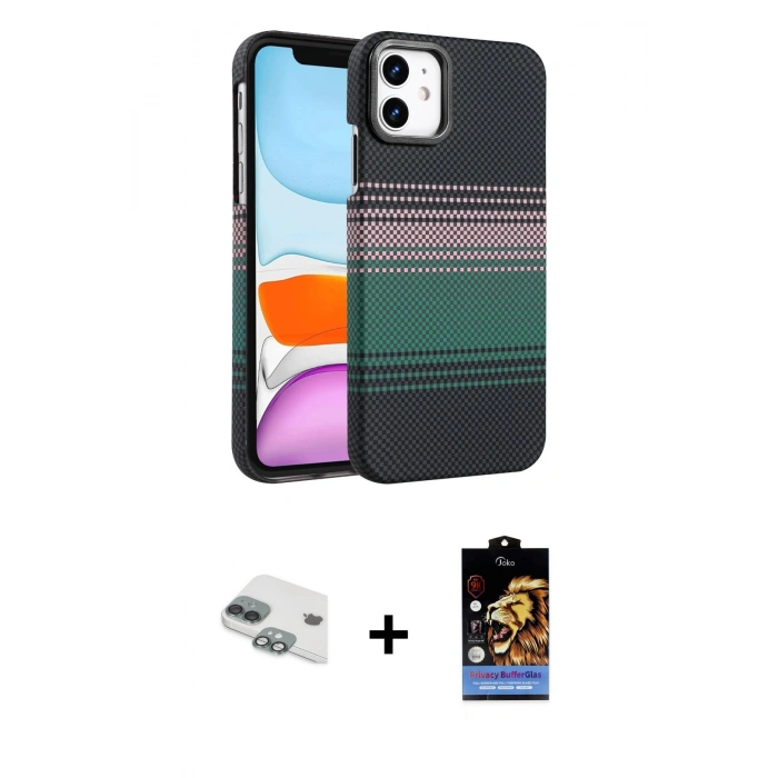 MARSİLYAN™- iPhone 11 Kılıf Doruk Serisi - Siyah Buffer Hayalet Cam Ekran Koruyucu + Pers Alüminyum Kamera Lens - YL