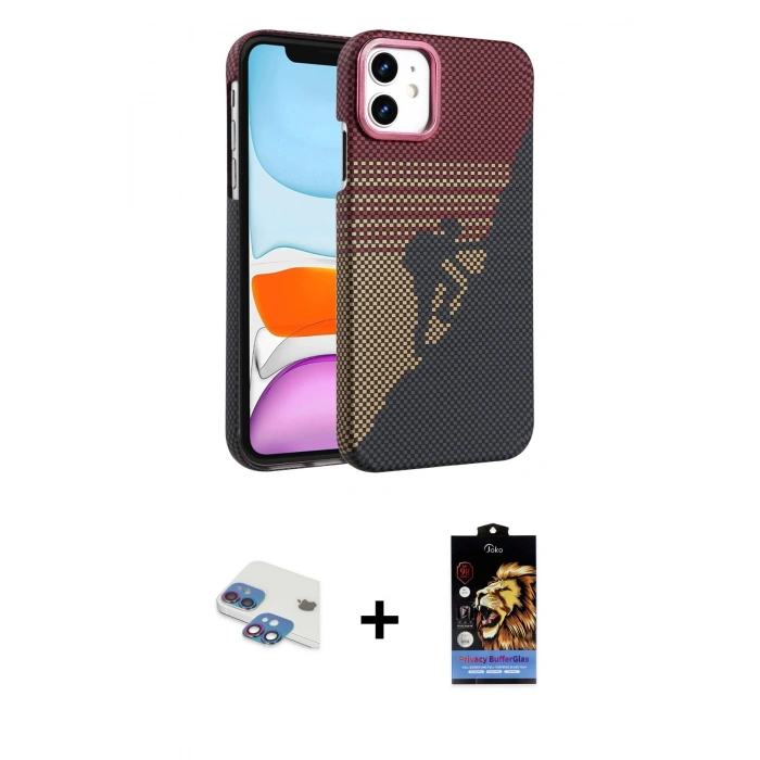 MARSİLYAN™- iPhone 11 Kılıf Doruk Serisi - Siyah Buffer Hayalet Cam Ekran Koruyucu + Pers Alüminyum Kamera Lens - GI
