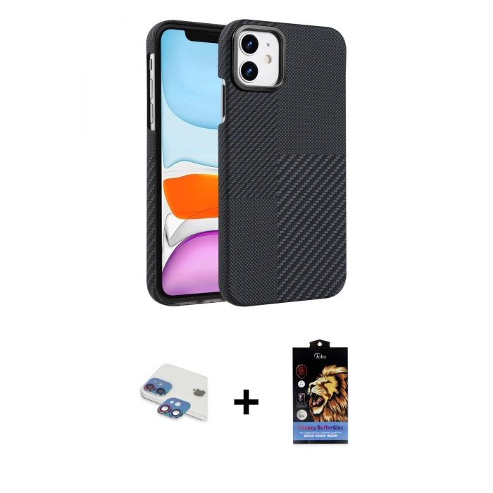 MARSİLYAN™- iPhone 11 Kılıf Doruk Serisi - Siyah Buffer Hayalet Cam Ekran Koruyucu + Pers Alüminyum Kamera Lens - GI