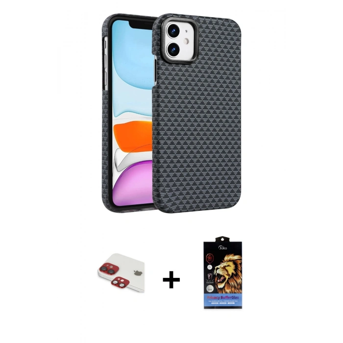 MARSİLYAN™- iPhone 11 Kılıf Doruk Serisi - Siyah Buffer Hayalet Cam Ekran Koruyucu + Pers Alüminyum Kamera Lens - KI