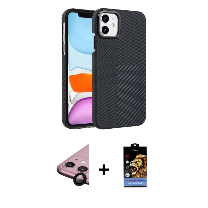 MARSİLYAN™- iPhone 11 Kılıf Doruk Serisi - Siyah Buffer Hayalet Cam Ekran Koruyucu + Raze Metal Kamera Lens - SH