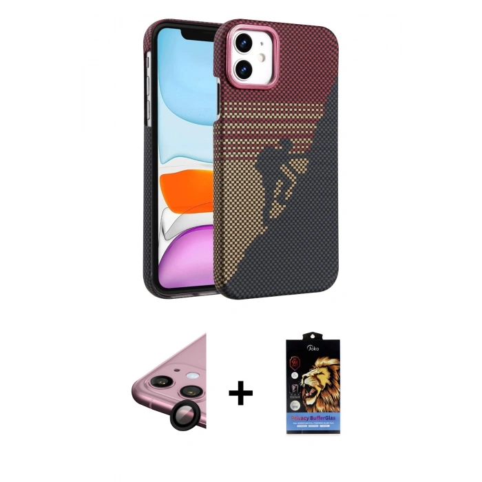 MARSİLYAN™- iPhone 11 Kılıf Doruk Serisi - Siyah Buffer Hayalet Cam Ekran Koruyucu + Raze Metal Kamera Lens - SH