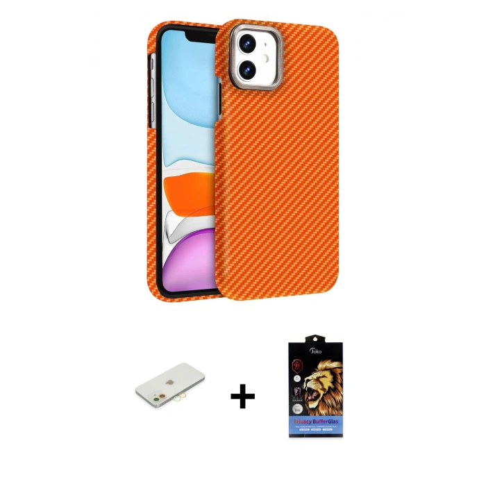 MARSİLYAN™- iPhone 11 Kılıf Doruk Serisi - Siyah Buffer Hayalet Cam Ekran Koruyucu + Renkli Kamera Lens Koruma Cam - TU