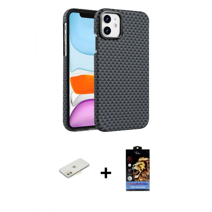 MARSİLYAN™- iPhone 11 Kılıf Doruk Serisi - Siyah Buffer Hayalet Cam Ekran Koruyucu + Renkli Kamera Lens Koruma Cam - TU