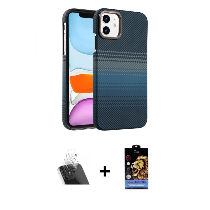 MARSİLYAN™- iPhone 11 Kılıf Doruk Serisi - Siyah Buffer Hayalet Cam Ekran Koruyucu + Şeffaf Kamera Lens Koruma Cam