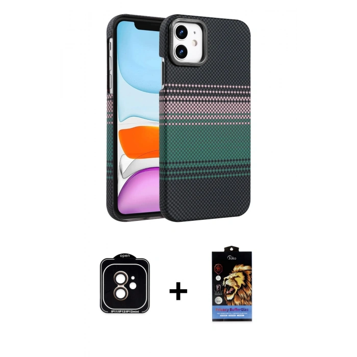 MARSİLYAN™- iPhone 11 Kılıf Doruk Serisi - Siyah Buffer Hayalet Cam Ekran Koruyucu + PVD Metal Kamera Lens - TU