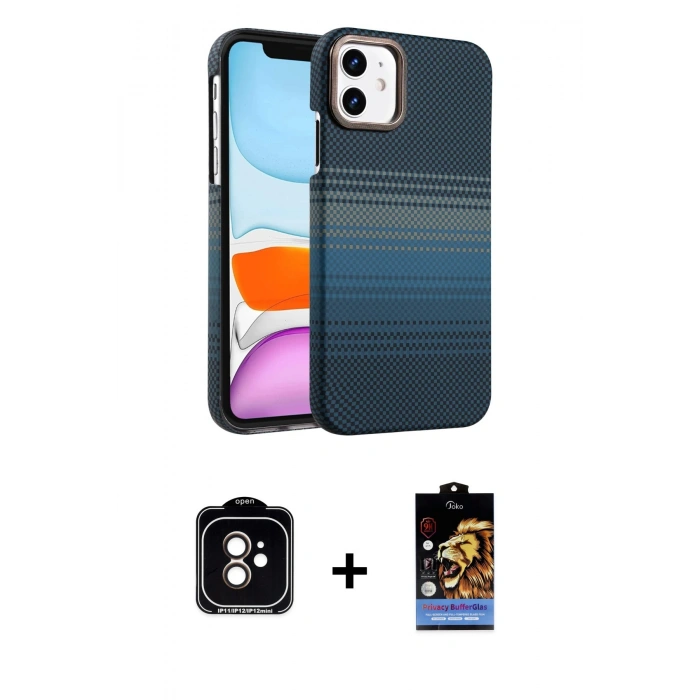 MARSİLYAN™- iPhone 11 Kılıf Doruk Serisi - Siyah Buffer Hayalet Cam Ekran Koruyucu + PVD Metal Kamera Lens - TU