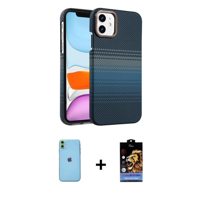 MARSİLYAN™- iPhone 11 Kılıf Doruk Serisi - Siyah Buffer Hayalet Cam Ekran Koruyucu + Neon Fosforlu Kamera Lens - YL