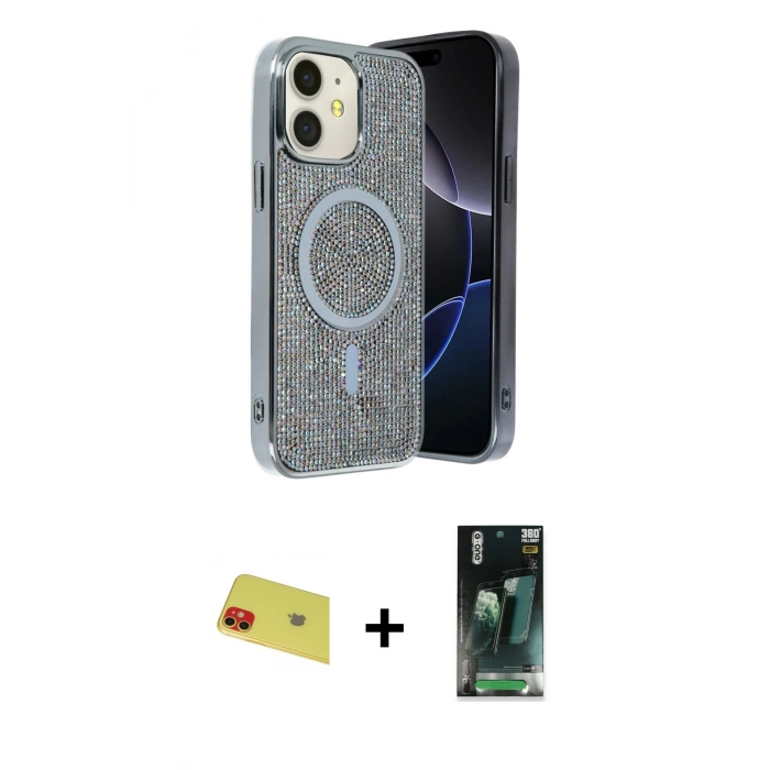 MARSİLYAN™- iPhone 11 Kılıf Eksen Çizgi - Şeffaf 360 Full Body Arka Koruyucu + Kırmızı Rainbow Kamera Lens Koruma Cam