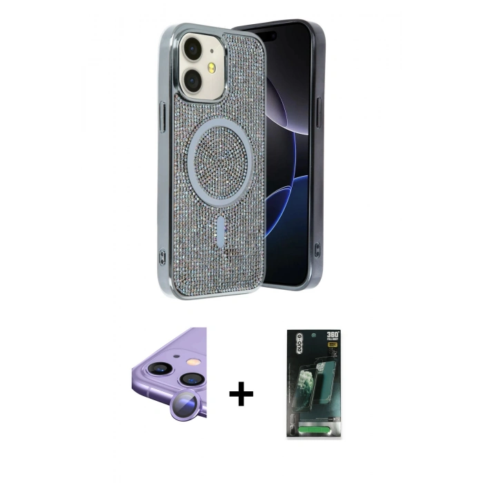 MARSİLYAN™- iPhone 11 Kılıf Eksen Çizgi - Şeffaf 360 Full Body Arka Koruyucu + Raze Metal Kamera Lens - MR