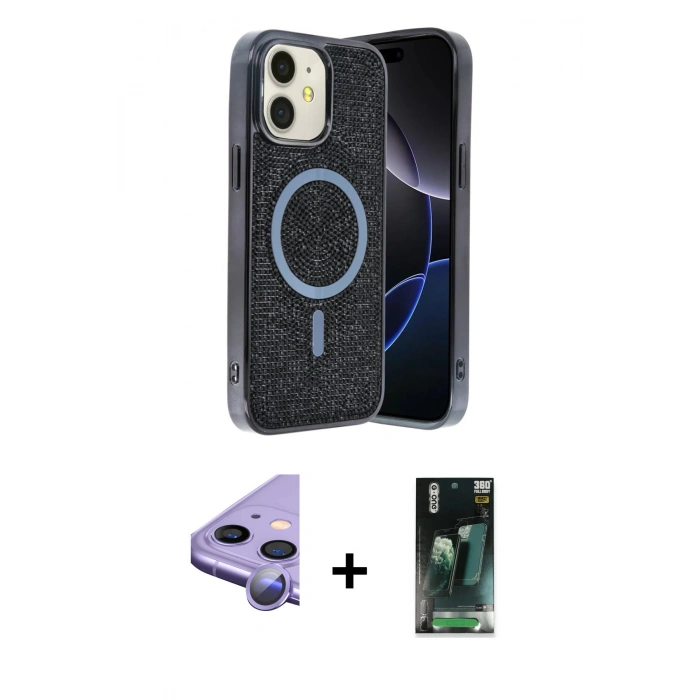MARSİLYAN™- iPhone 11 Kılıf Eksen Çizgi - Şeffaf 360 Full Body Arka Koruyucu + Raze Metal Kamera Lens - MR