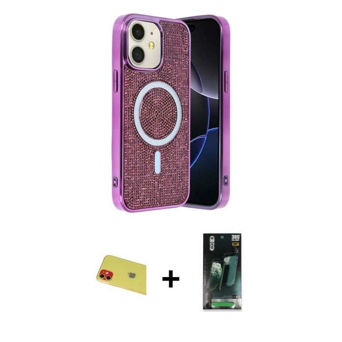 MARSİLYAN™- iPhone 11 Kılıf Eksen Çizgi - Şeffaf 360 Full Body Arka Koruyucu + Rainbow Kamera Lens Koruma Cam - KI
