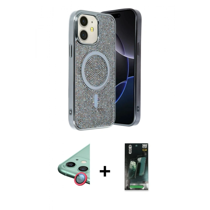 MARSİLYAN™- iPhone 11 Kılıf Eksen Çizgi - Şeffaf 360 Full Body Arka Koruyucu + Raze Metal Kamera Lens - KI