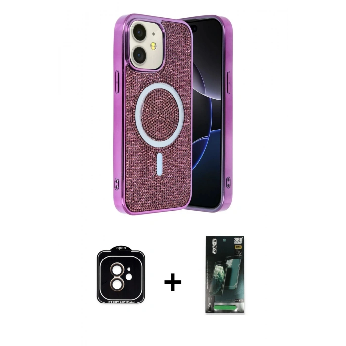 MARSİLYAN™- iPhone 11 Kılıf Eksen Çizgi - Şeffaf 360 Full Body Arka Koruyucu + PVD Metal Kamera Lens - TU