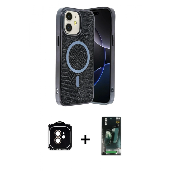 MARSİLYAN™- iPhone 11 Kılıf Eksen Çizgi - Şeffaf 360 Full Body Arka Koruyucu + PVD Metal Kamera Lens - TU