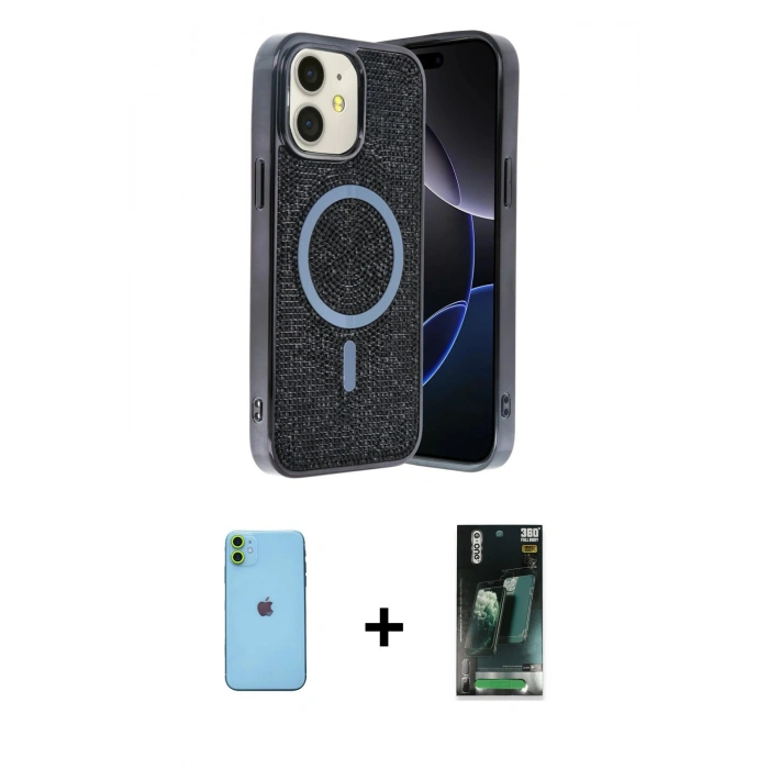 MARSİLYAN™- iPhone 11 Kılıf Eksen Çizgi - Şeffaf 360 Full Body Arka Koruyucu + Neon Fosforlu Kamera Lens - YL