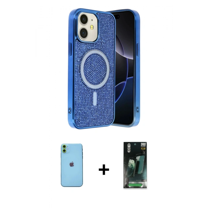 MARSİLYAN™- iPhone 11 Kılıf Eksen Çizgi - Şeffaf 360 Full Body Arka Koruyucu + Neon Fosforlu Kamera Lens - YL