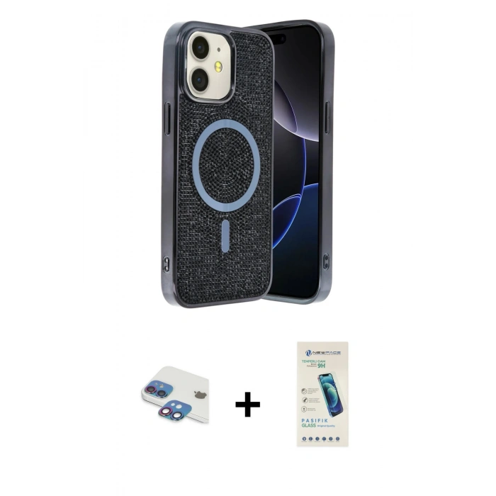 MARSİLYAN™- iPhone 11 Kılıf Eksen Çizgi - Şeffaf Pasifik Cam Ekran Koruyucu + Pers Alüminyum Kamera Lens - GI