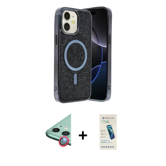 MARSİLYAN™- iPhone 11 Kılıf Eksen Çizgi - Şeffaf Pasifik Cam Ekran Koruyucu + Raze Metal Kamera Lens - KI