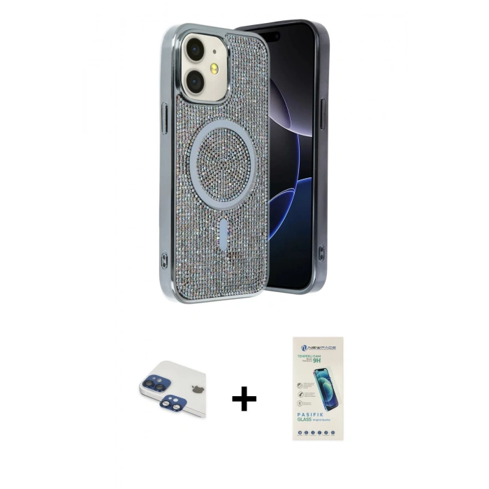 MARSİLYAN™- iPhone 11 Kılıf Eksen Çizgi - Şeffaf Pasifik Cam Ekran Koruyucu + Pers Alüminyum Kamera Lens - LT