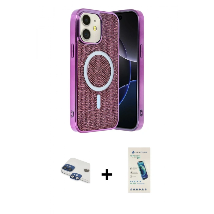 MARSİLYAN™- iPhone 11 Kılıf Eksen Çizgi - Şeffaf Pasifik Cam Ekran Koruyucu + Pers Alüminyum Kamera Lens - LT