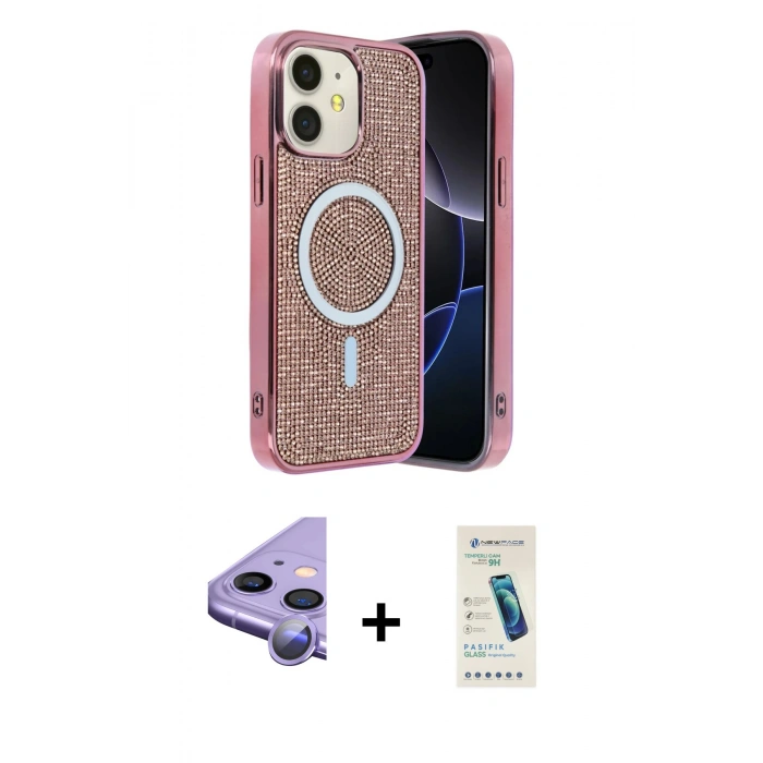 MARSİLYAN™- iPhone 11 Kılıf Eksen Çizgi - Şeffaf Pasifik Cam Ekran Koruyucu + Mor Raze Metal Kamera Lens