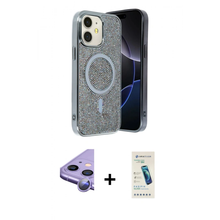 MARSİLYAN™- iPhone 11 Kılıf Eksen Çizgi - Şeffaf Pasifik Cam Ekran Koruyucu + Mor Raze Metal Kamera Lens